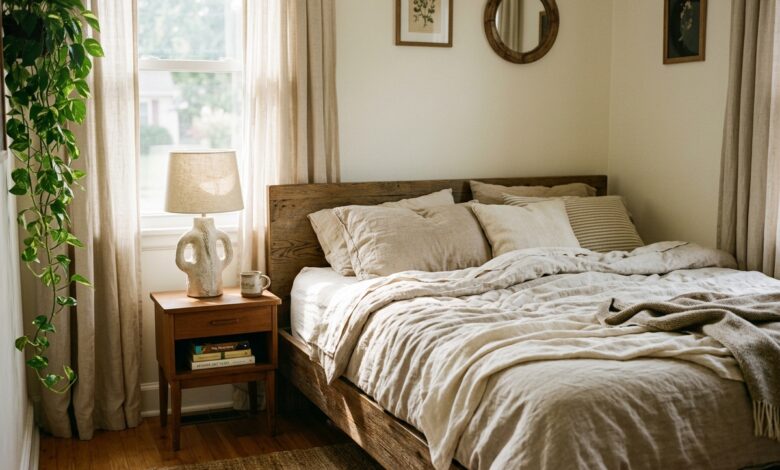aesthetic bedroom with layered neutral linen bedding, ceramic lamp and morning light