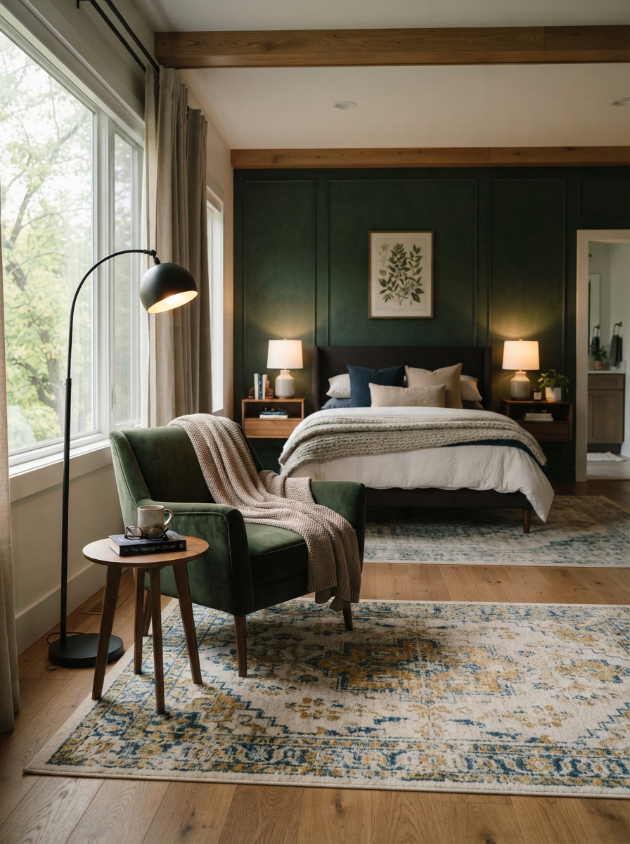 master bedroom zoned into a sleeping area and a separate reading corner