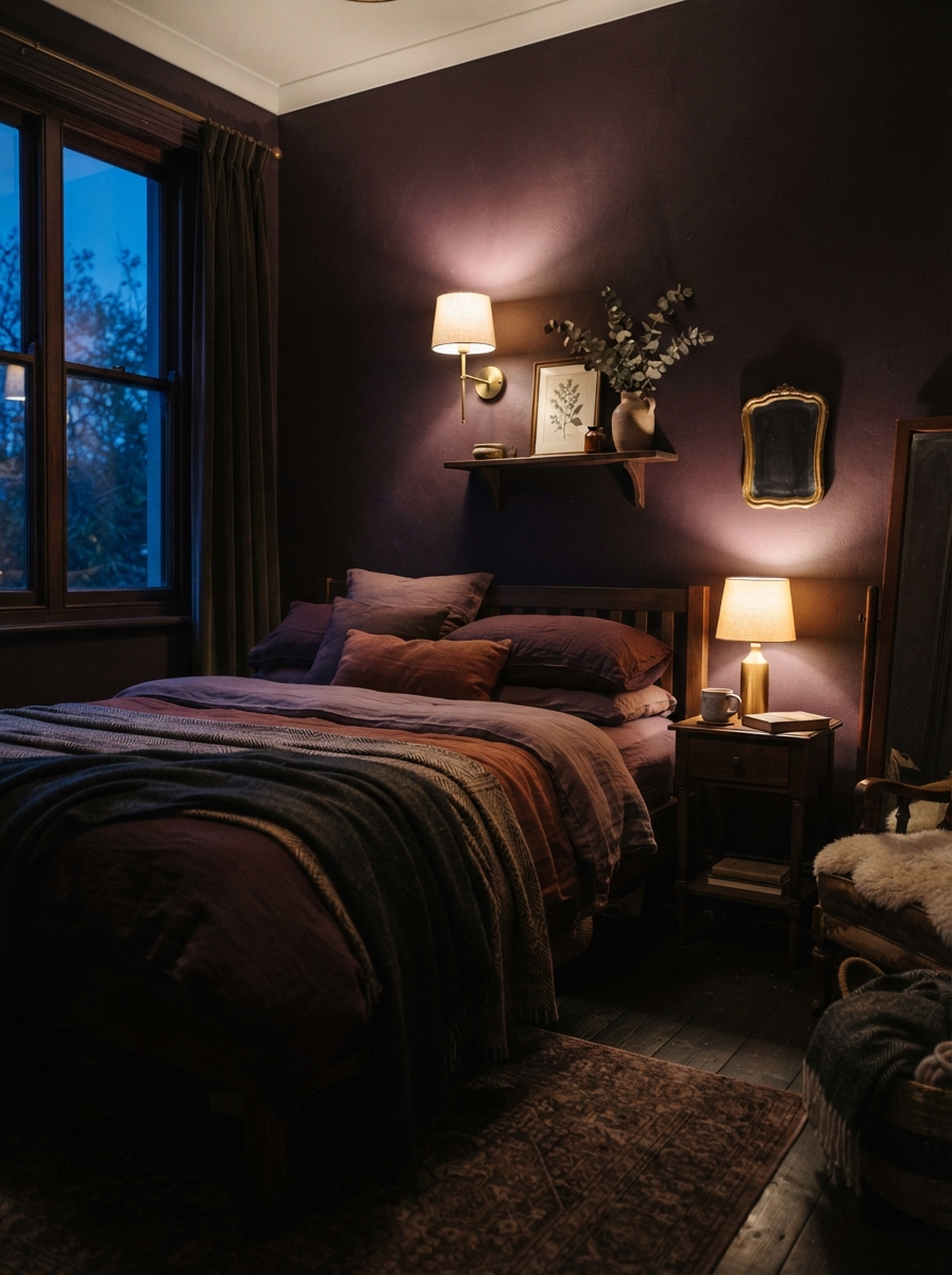 bedroom in deep saturated aubergine tones with warm brass lighting at dusk