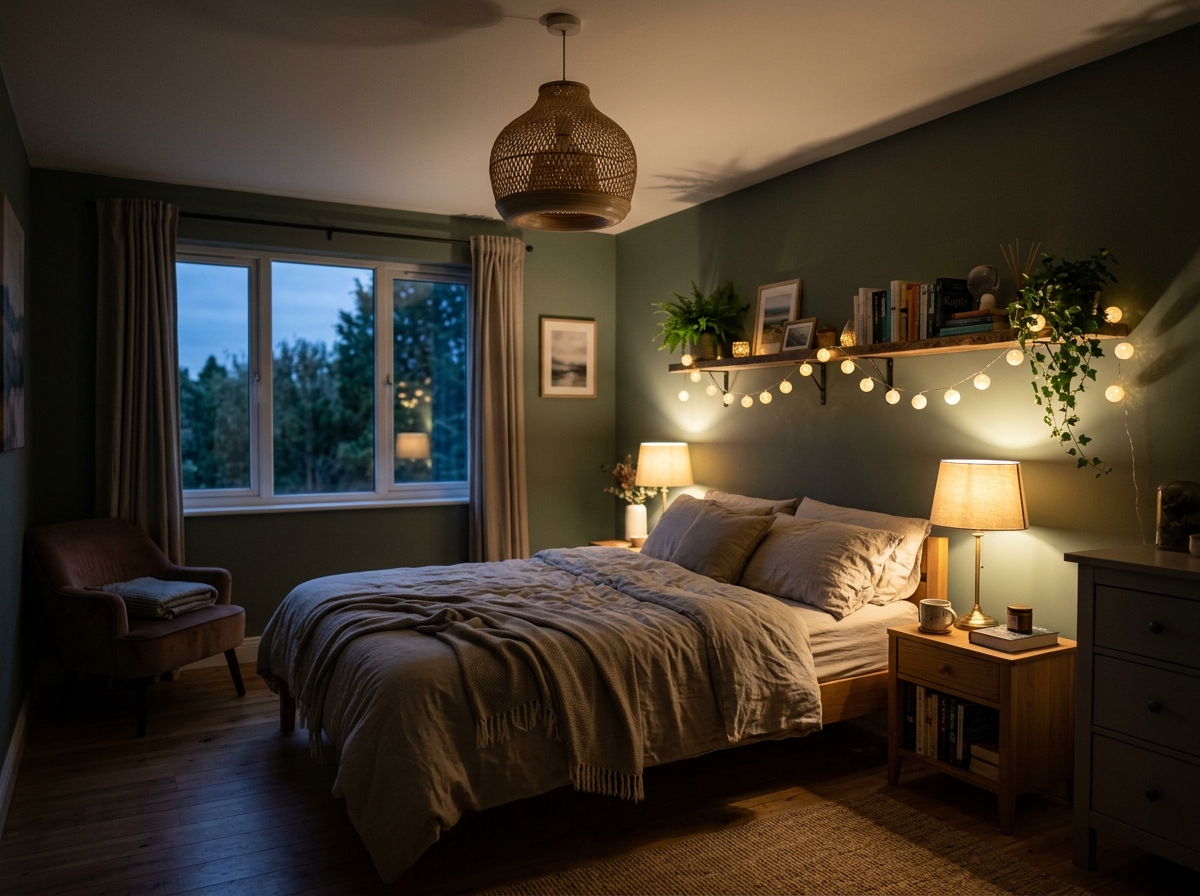 bedroom with layered lighting from a bedside lamp, fairy lights and dim pendant