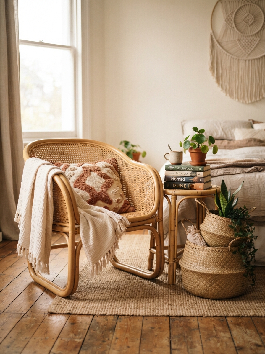 rattan accent chair and bamboo side table in a boho bedroom corner