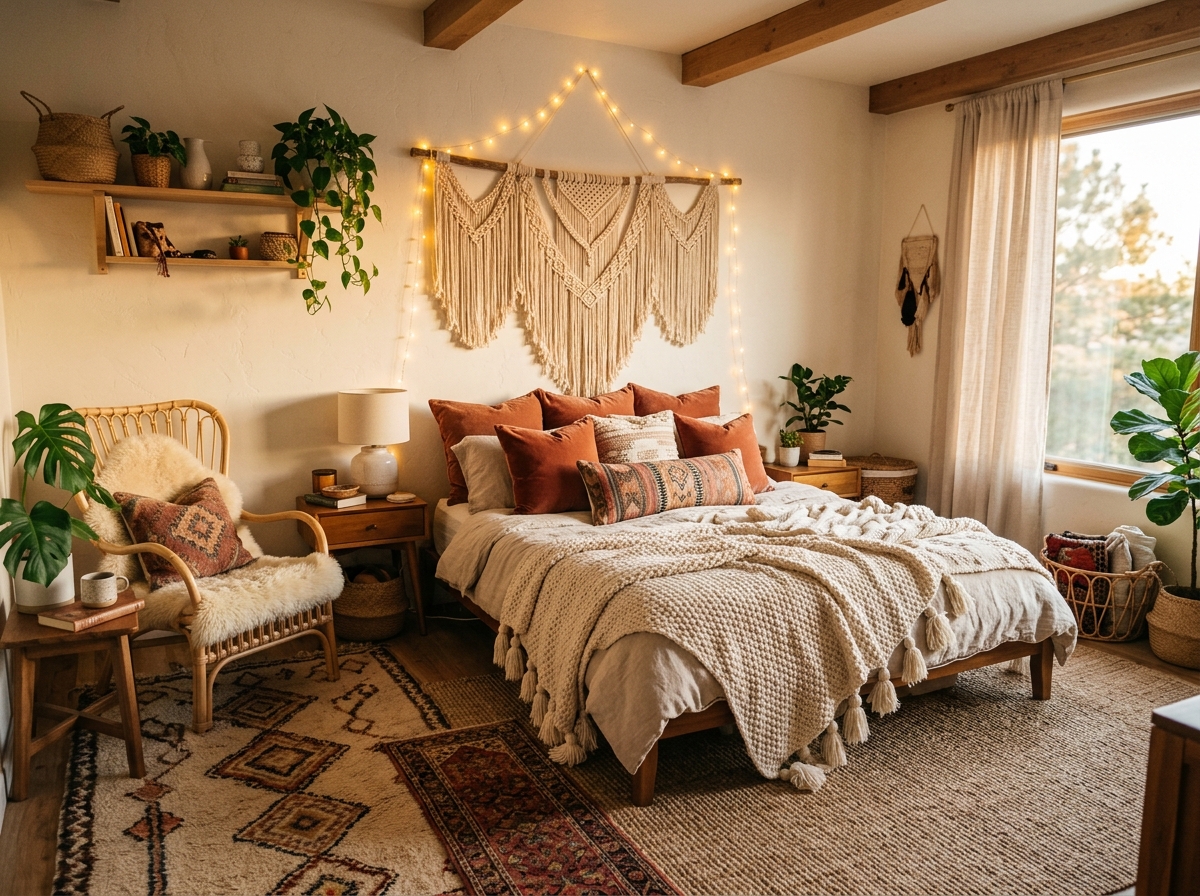 boho chic bedroom with macrame wall hanging, layered textiles and warm string lights