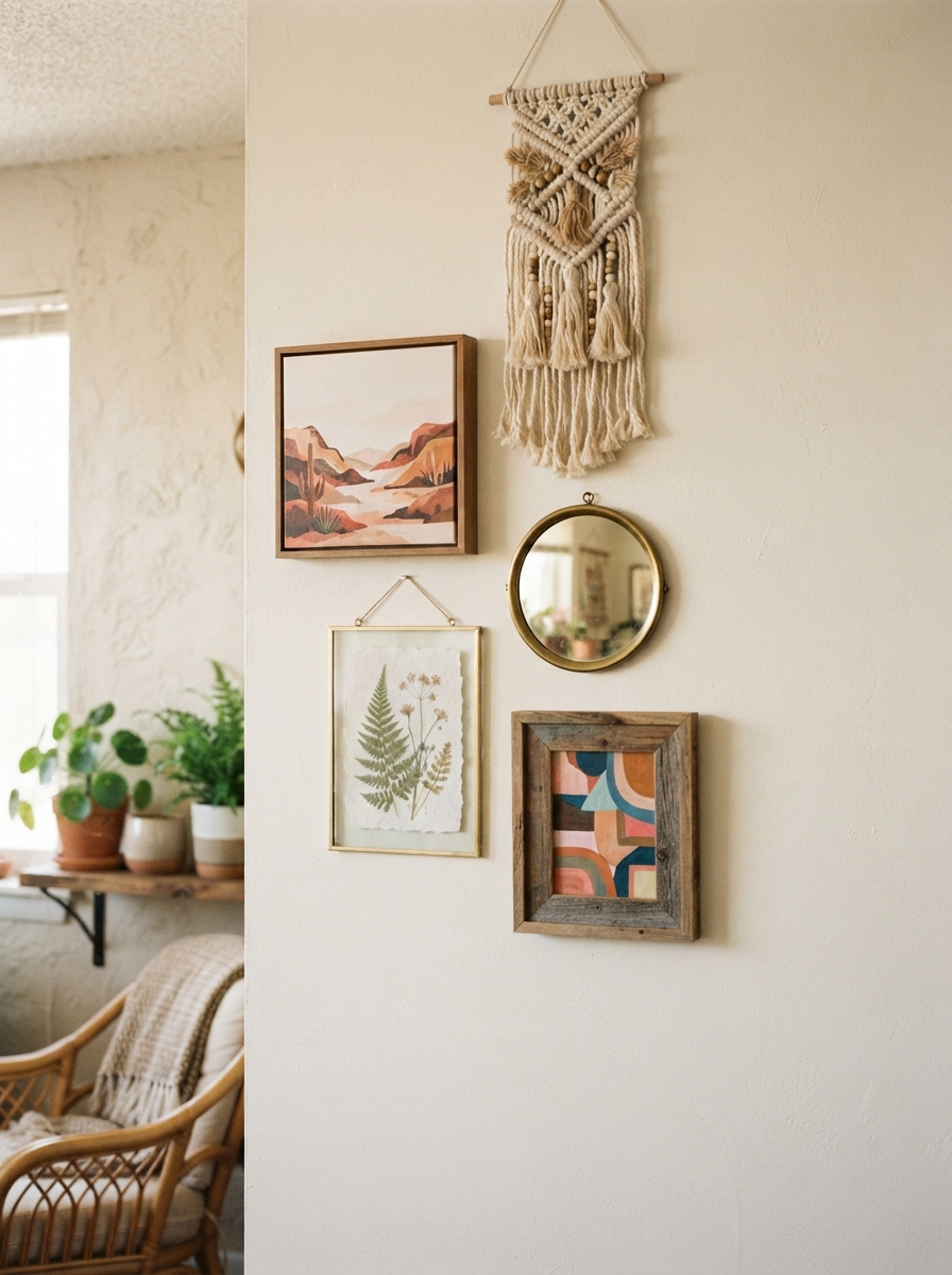 Macrame wall hanging and framed botanical art arranged as nursery wall decor