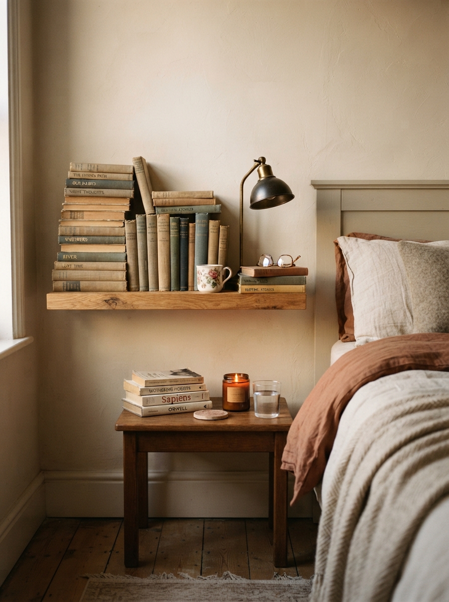 Floating shelf styled with stacked books and a black desk lamp in a living space