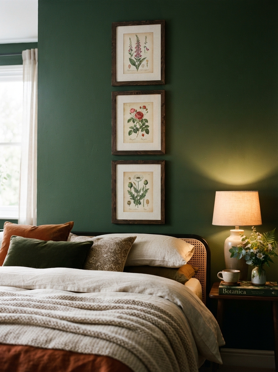 framed vintage botanical prints in dark wood frames on a green bedroom wall