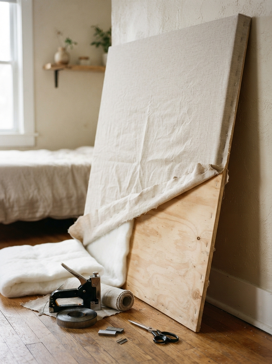 part finished DIY linen headboard with staple gun and batting on the floor