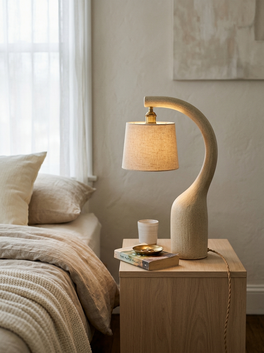 single sculptural ceramic bedside lamp on a minimalist wood nightstand