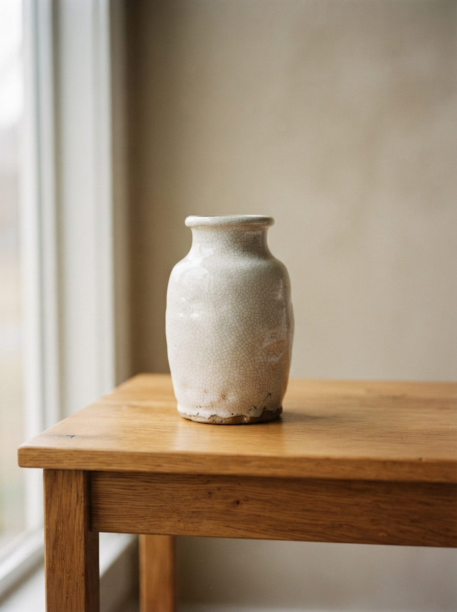 single handmade ceramic vase on an empty japandi oak nightstand