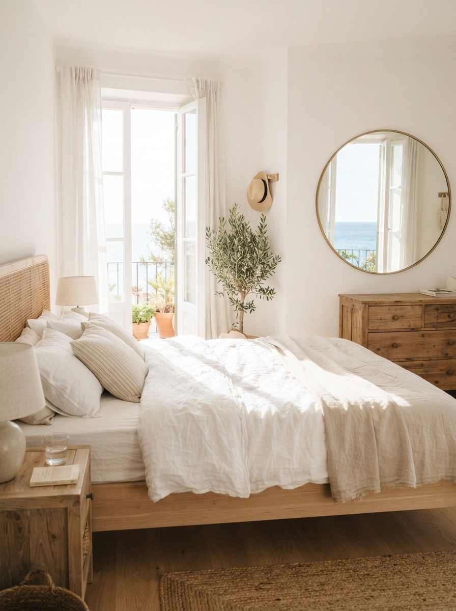 bright coastal bedroom with sheer curtains and a mirror reflecting natural light