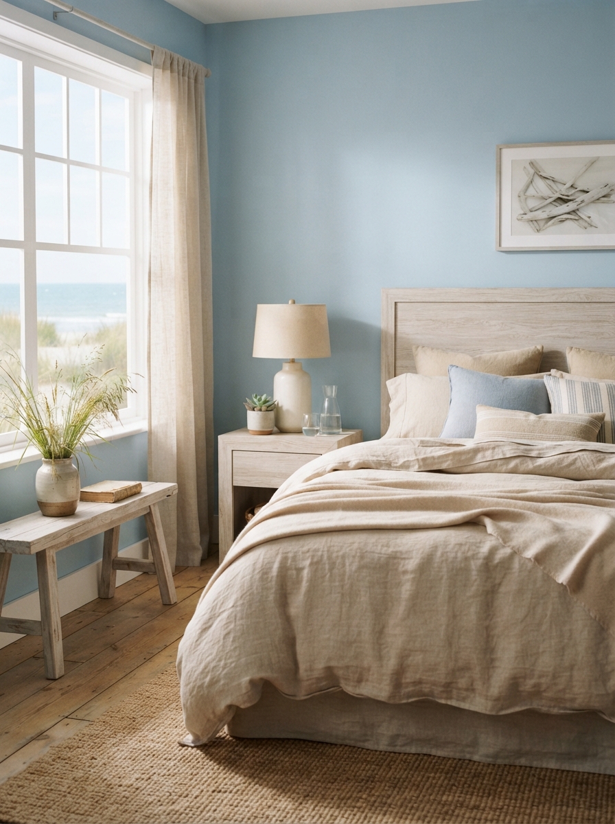 coastal bedroom in dusty sky blue and warm sand beige tones
