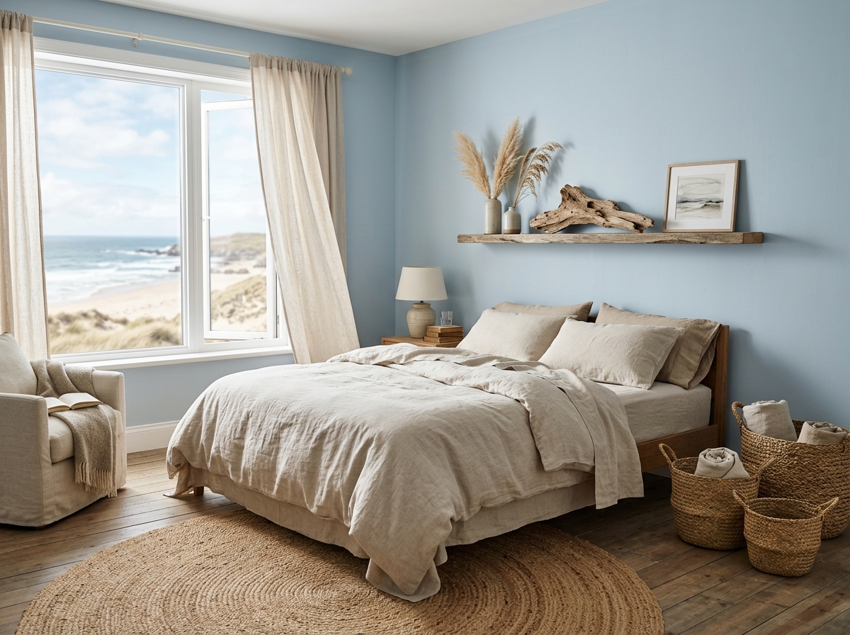 coastal bedroom in sky blue and sand tones with linen bedding and natural light