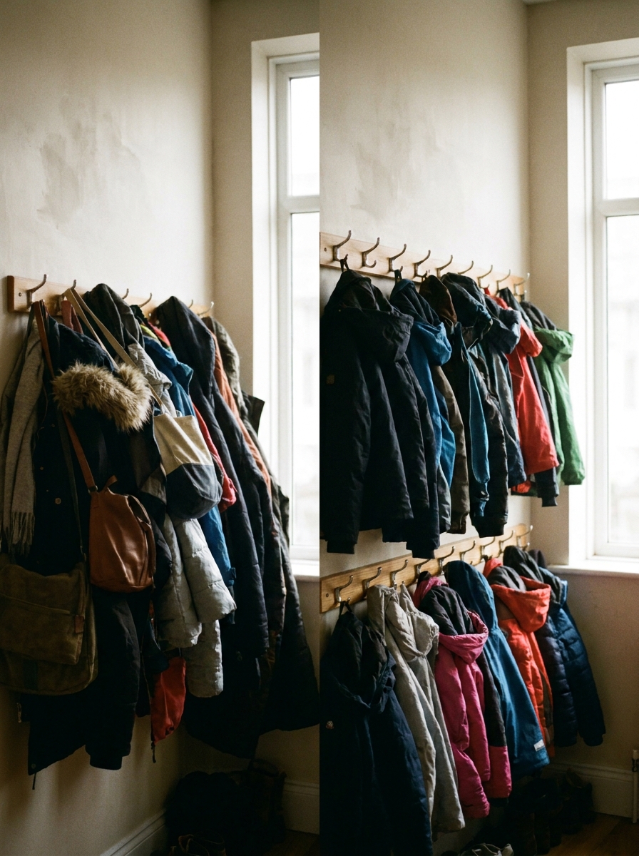 comparison of single row and double tier hook rails in a mudroom