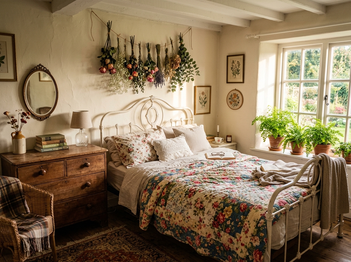 cottagecore bedroom with floral quilt, dried flowers and warm afternoon light