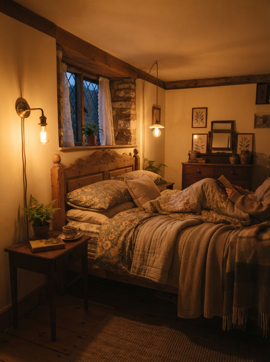 cottagecore bedroom lit by warm Edison bulbs in a brass sconce at night