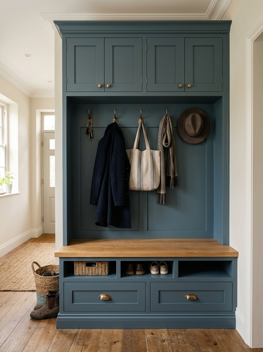 custom built in mudroom unit with shaker panelling and integrated bench