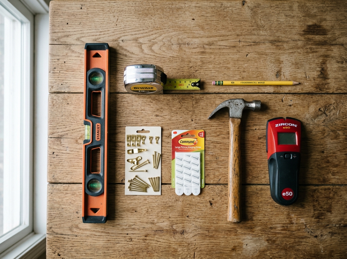 flat lay of wall decor tools including level, tape measure and picture hooks