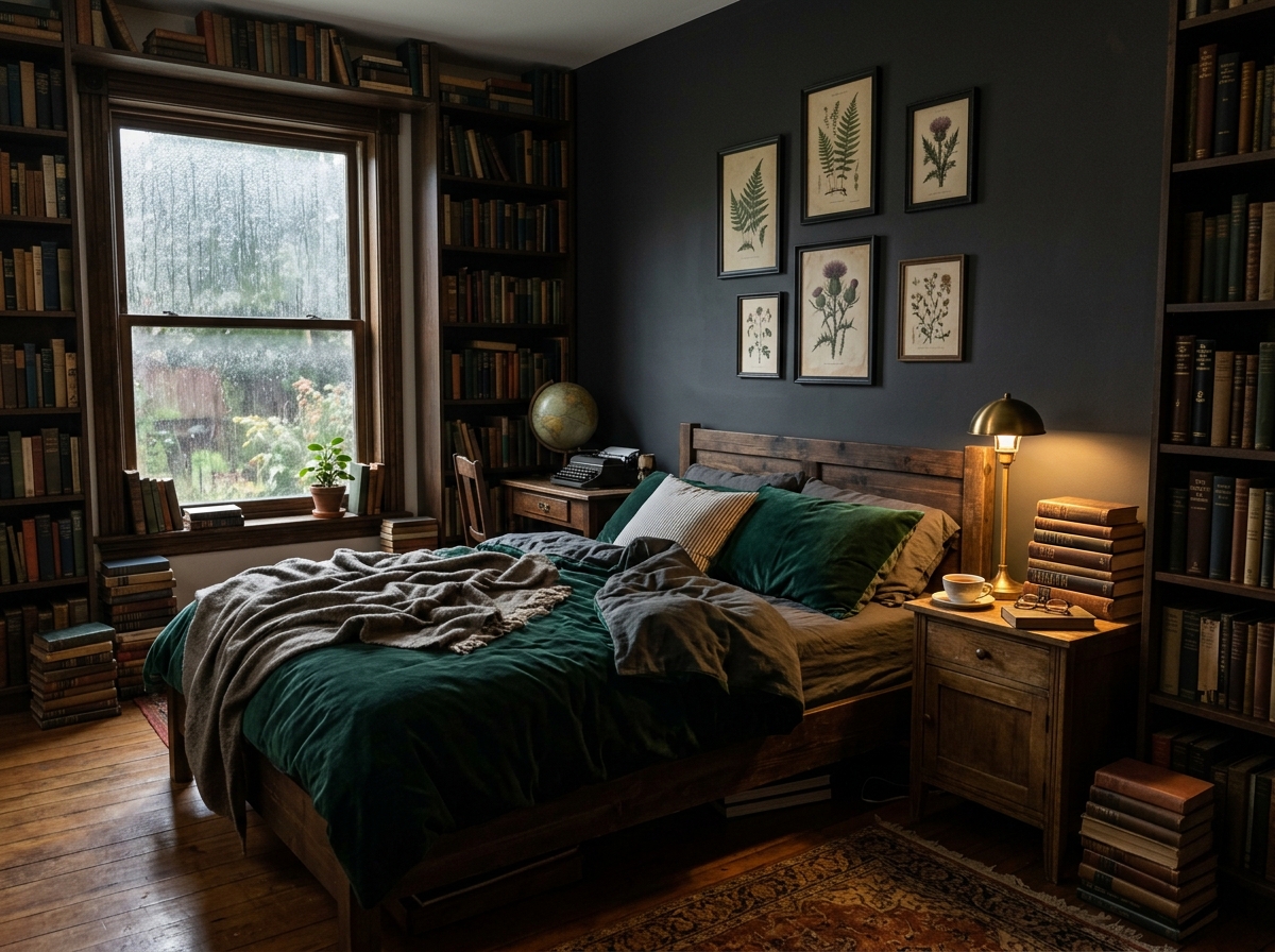 dark academia bedroom with charcoal walls, stacked books and warm brass lamp light