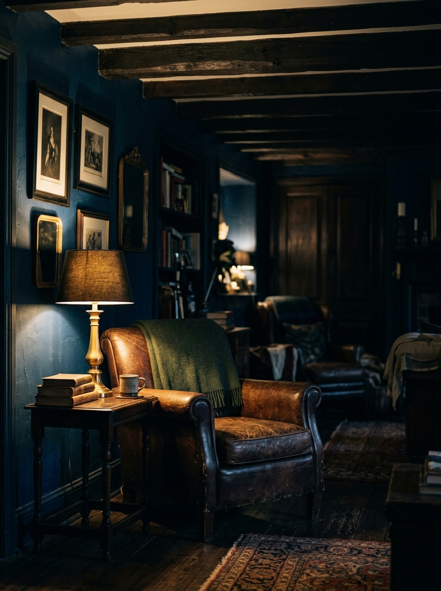 moody dark living room in charcoal tones lit by a single warm lamp