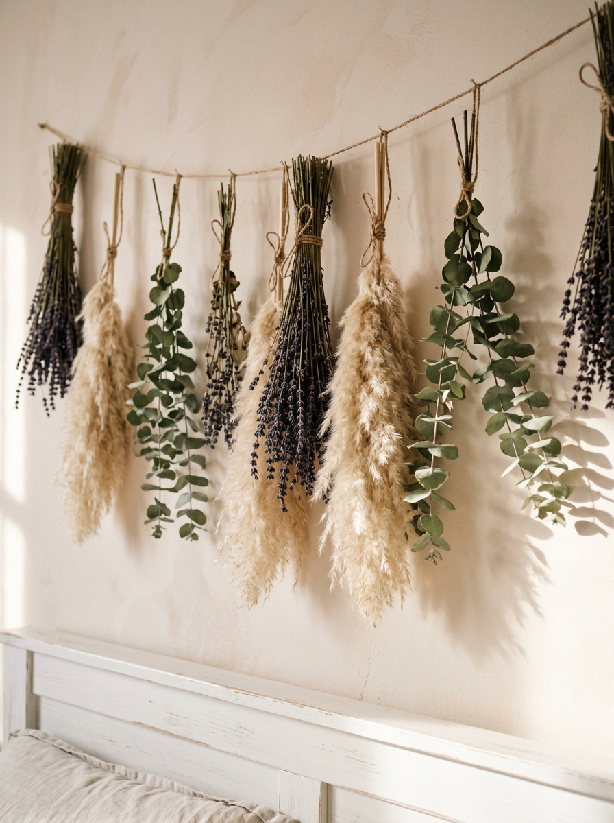 dried lavender and eucalyptus bundles hung above a bed with twine