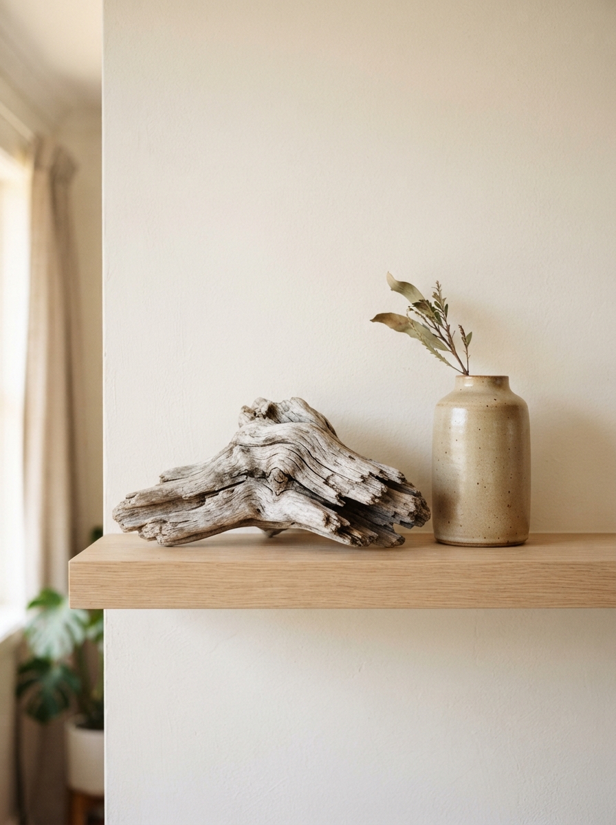 Driftwood piece and ceramic vase styled on a shelf with negative space