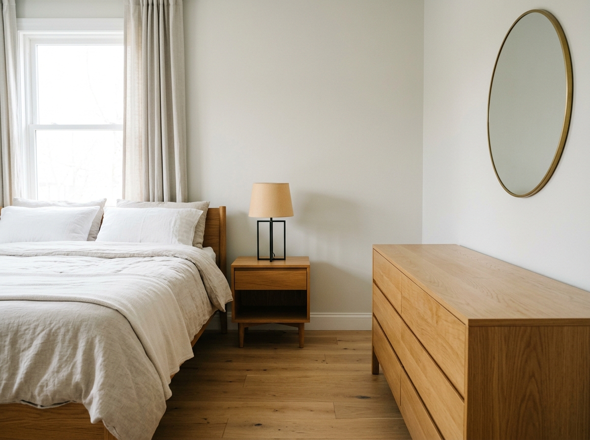 decluttered bedroom with clear nightstand and dresser surfaces