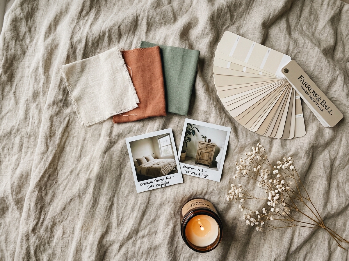 Nursery decor palette of fabric swatches and paint chips in soft neutrals