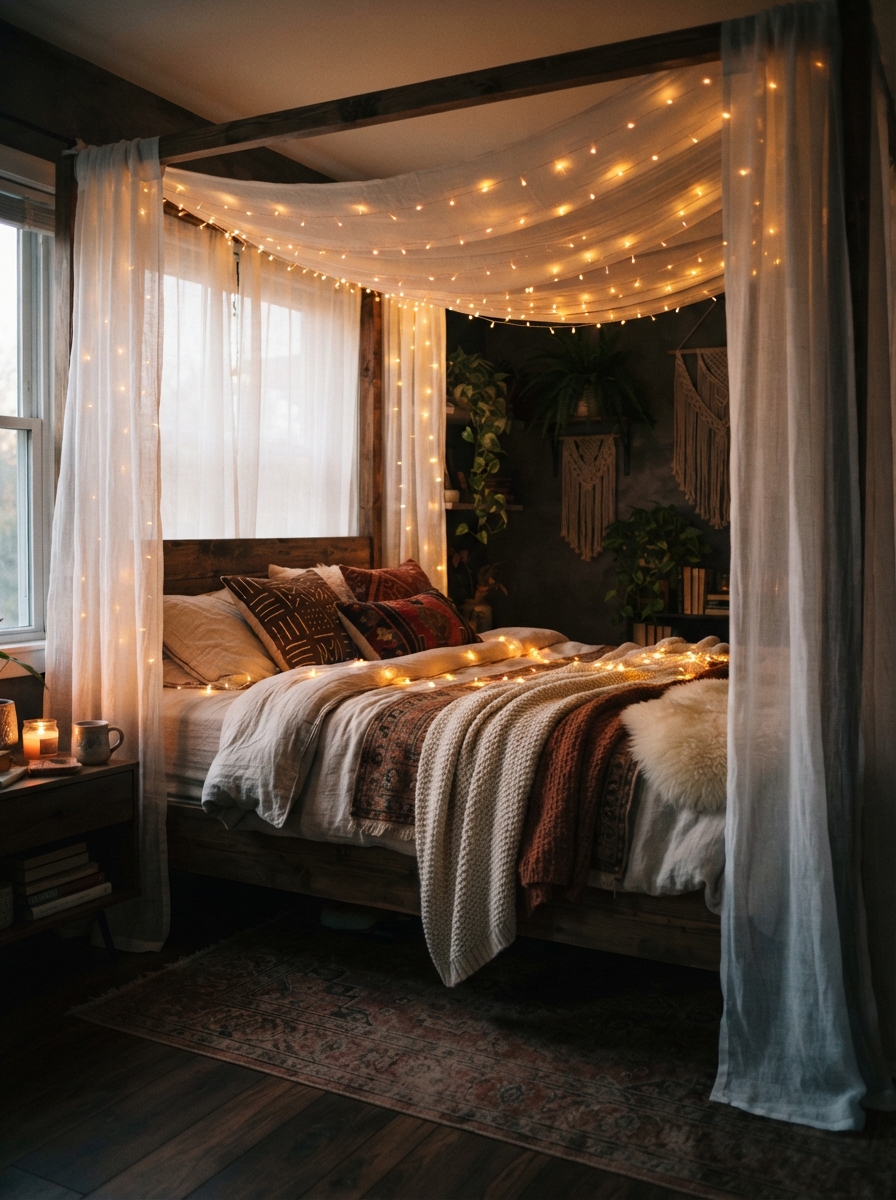 warm fairy string lights draped over a boho bed canopy at dusk