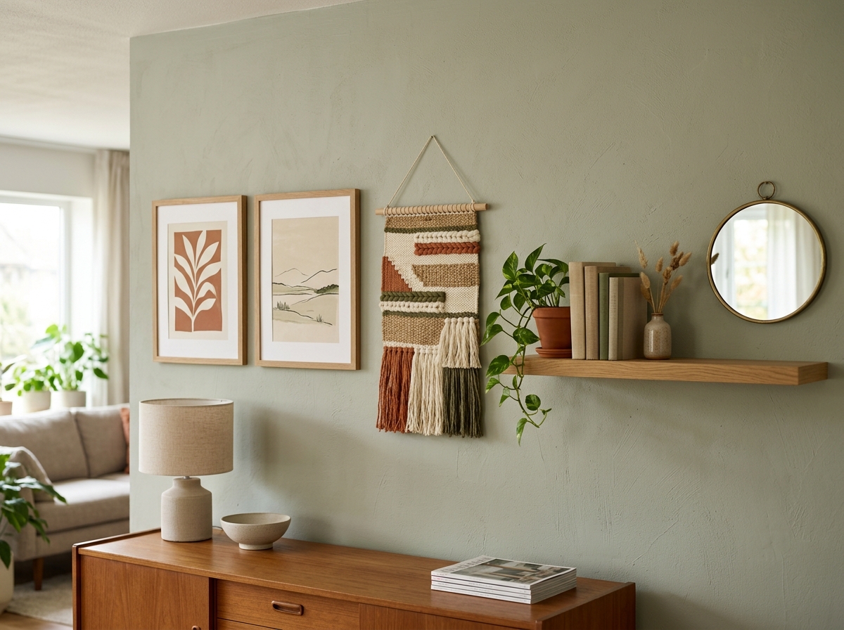 feature wall combining framed prints, woven hanging, shelf and mirror