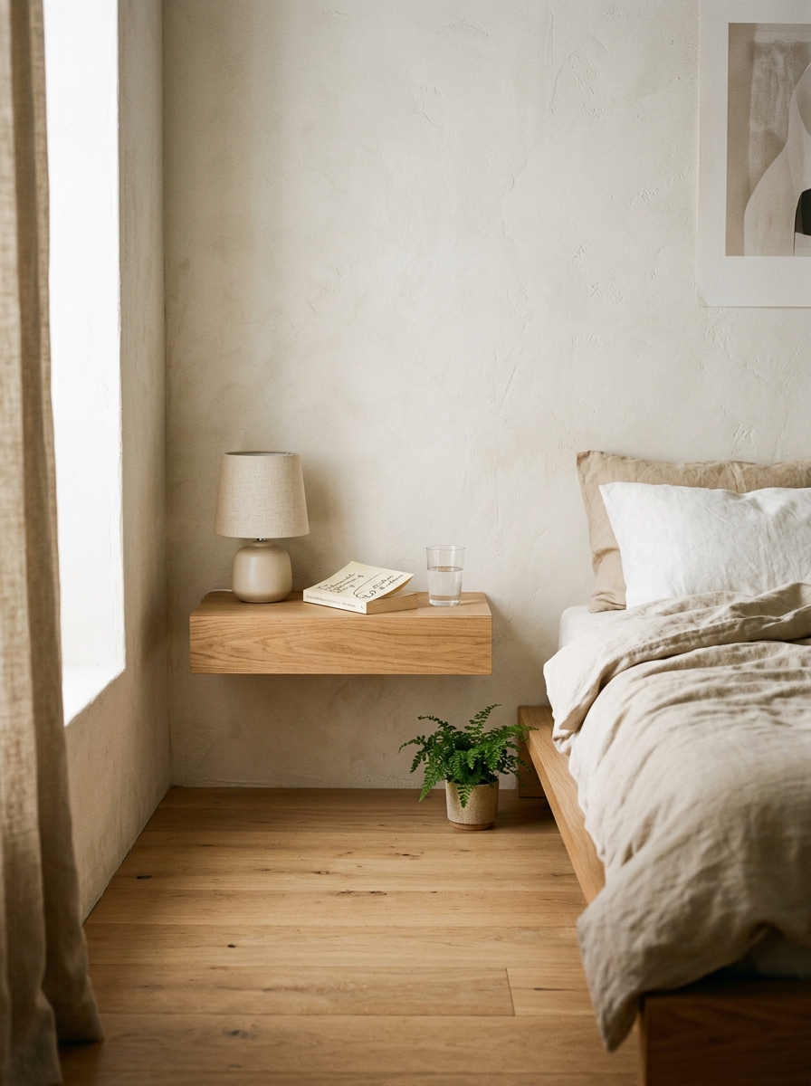 Floating wood shelf used as a nightstand with a small plant and books