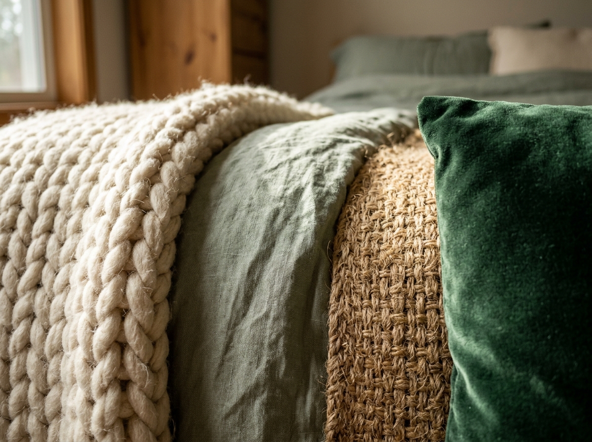 close up of knit, linen, jute and velvet textures layered in a bedroom