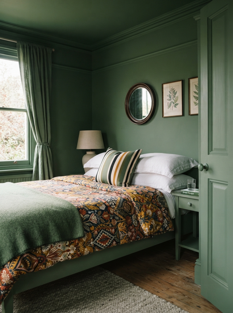 color drenched bedroom with sage green walls, ceiling and trim and patterned bedding