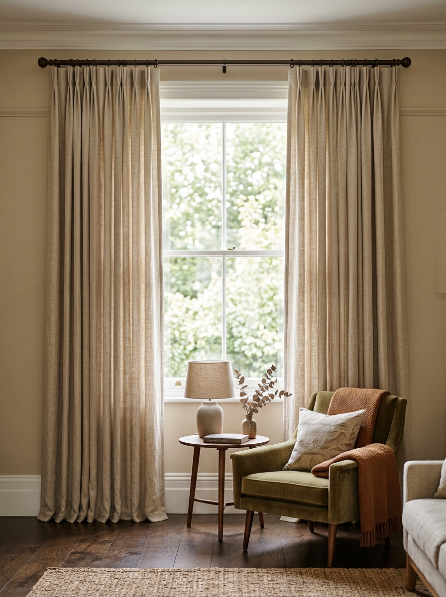 living room curtains hung high and wide in floor length linen