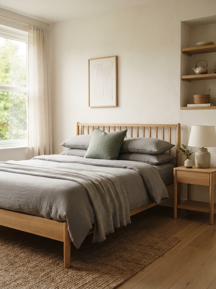 japandi bedroom in a four color palette of white, oak, stone gray and sage