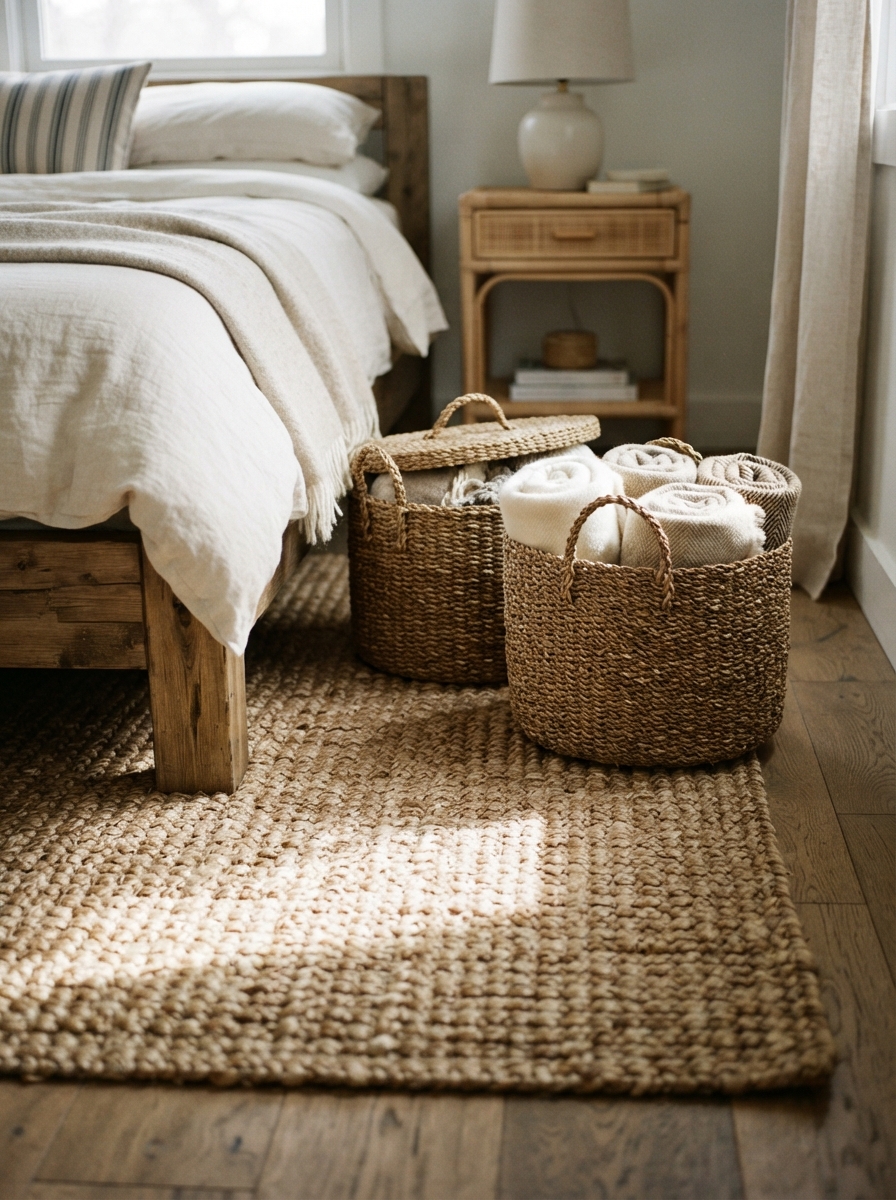 jute rug and woven seagrass storage baskets in a coastal bedroom