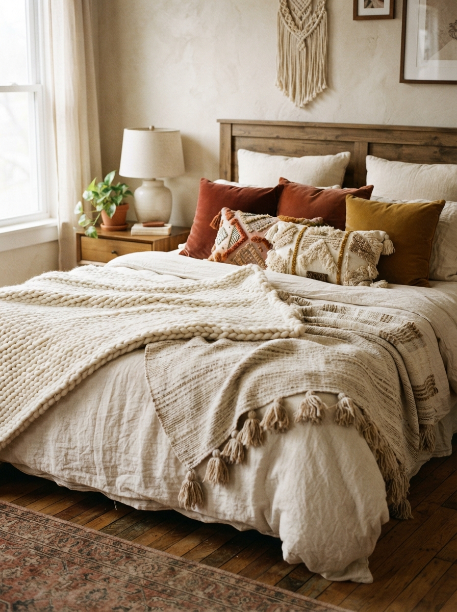 boho bed layered with knit throw, woven blanket and velvet embroidered cushions