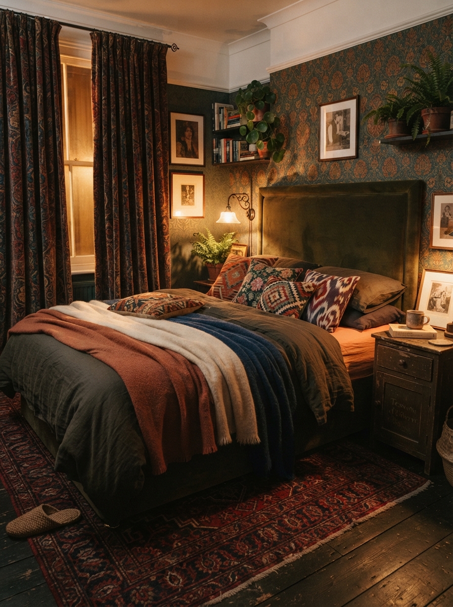soft maximalist cocoon bedroom with layered patterned cushions and heavy curtains