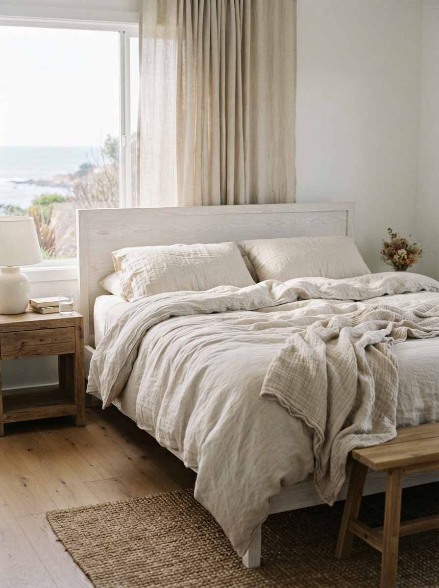 undyed natural linen bedding and curtains in a coastal bedroom