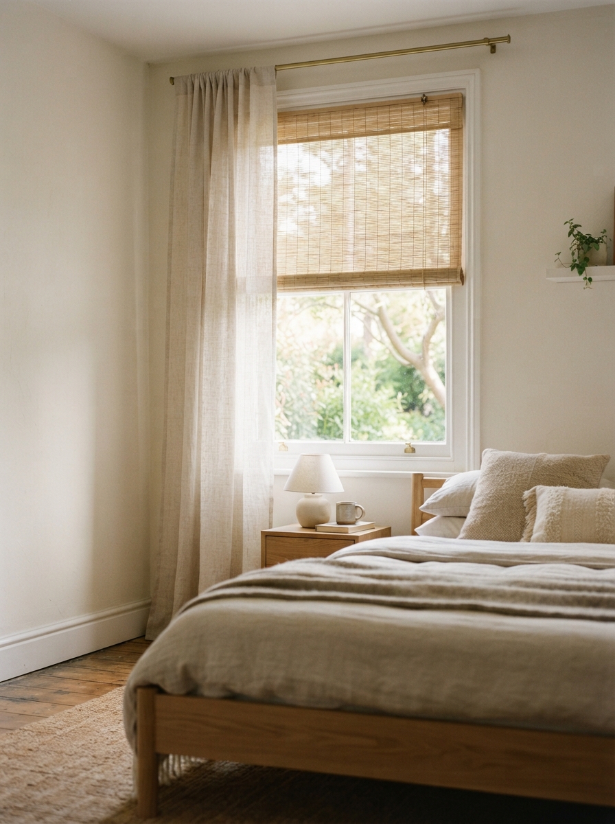 bamboo blind and linen curtain diffusing light in a japandi bedroom