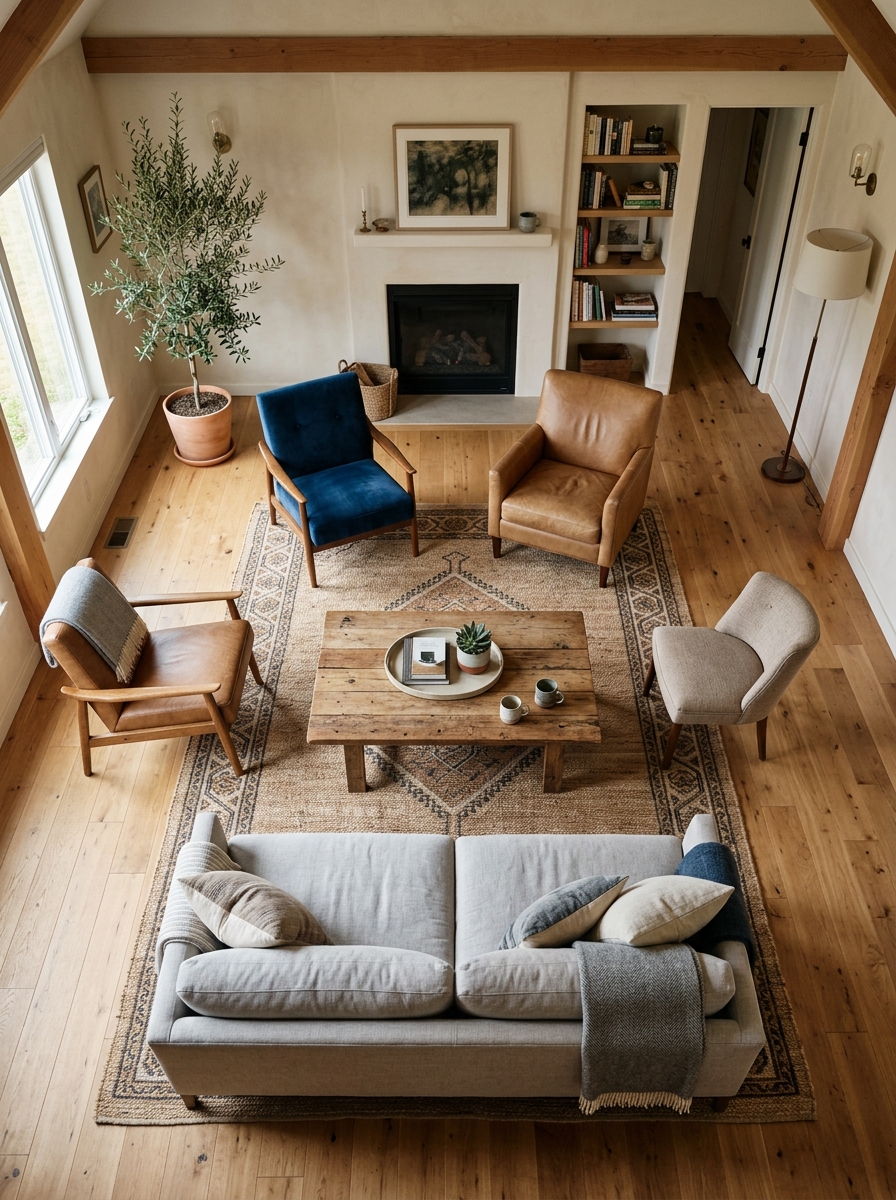 Living room arranged for conversation with layered rug and styled coffee table