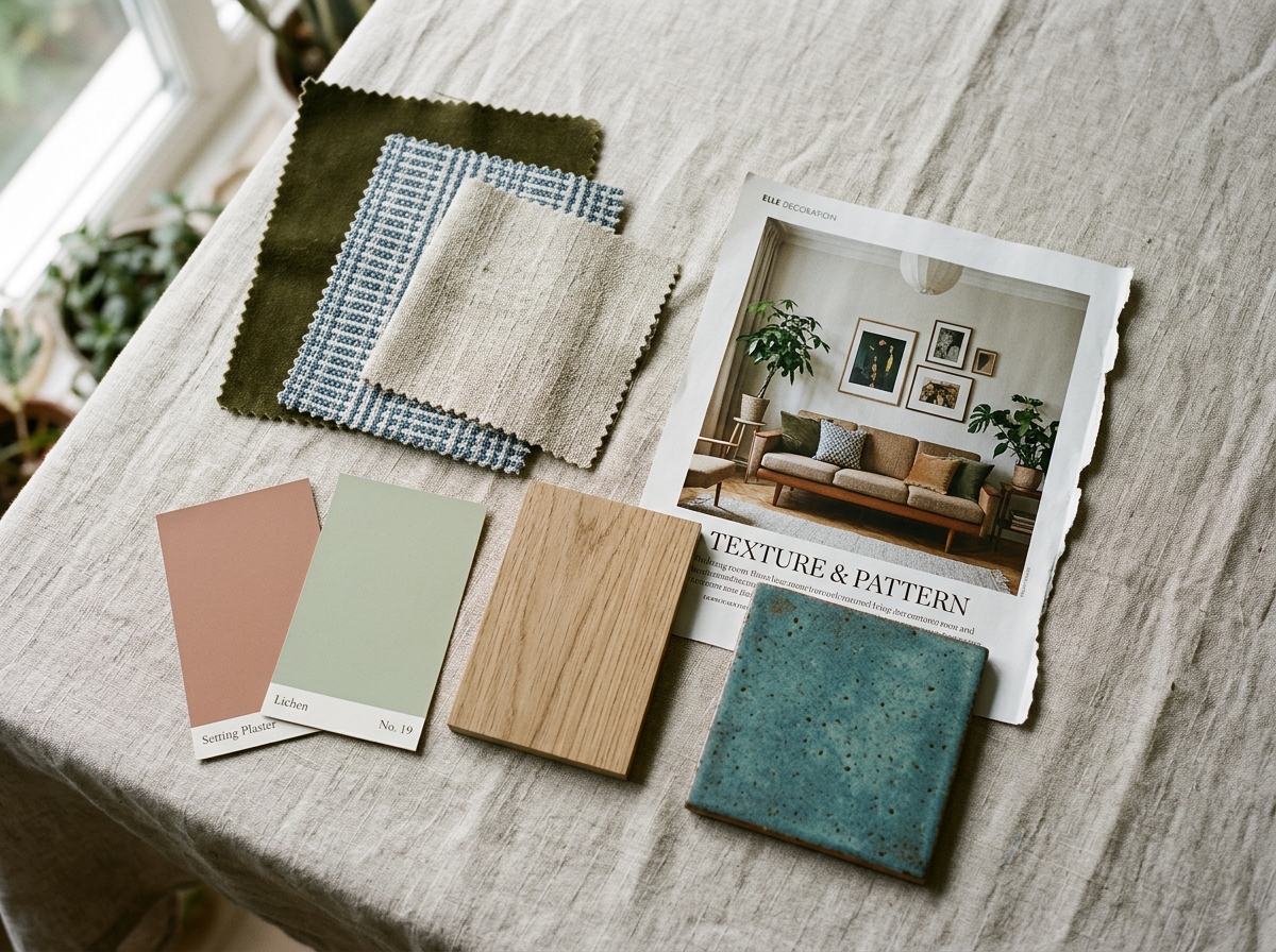 living room mood board with fabric swatches, paint cards and wood samples