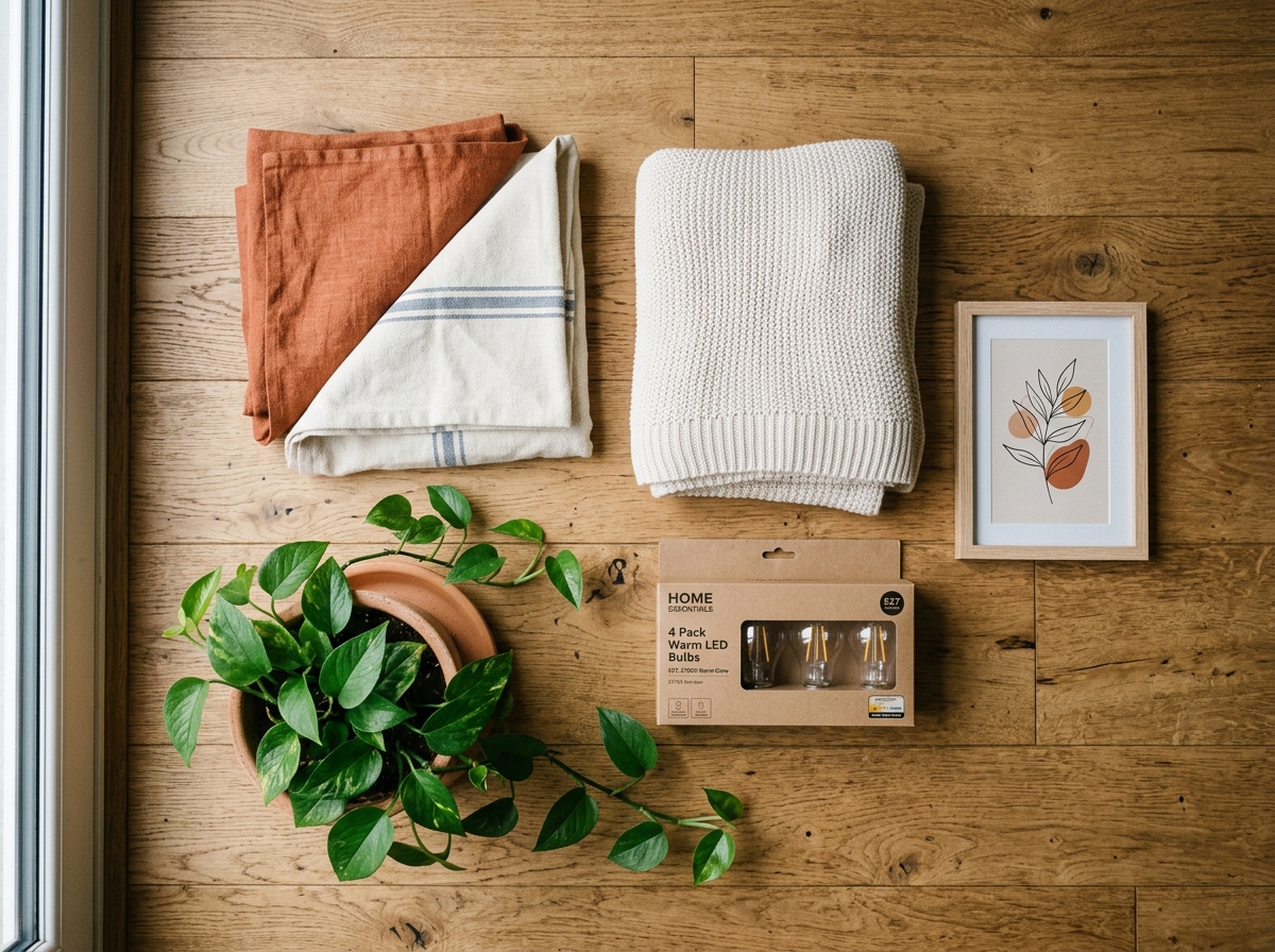 budget living room refresh flat lay with cushion covers, throw and bulbs