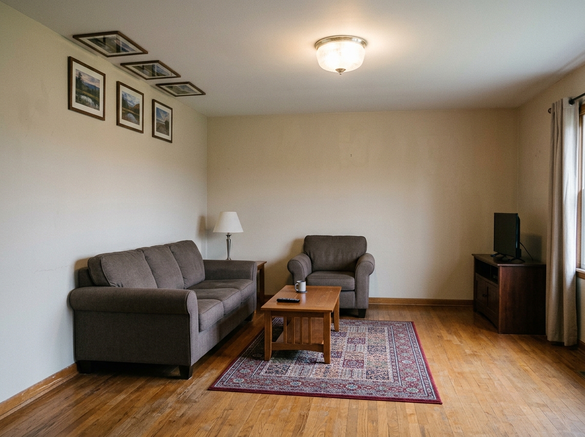 living room showing common mistakes, undersized rug and art hung too high