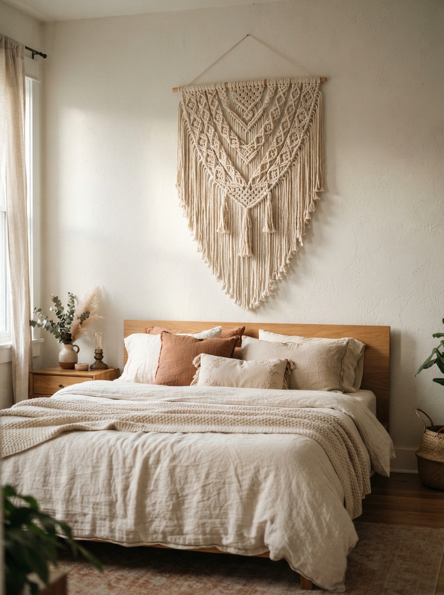 large handmade macrame wall hanging above a boho bed