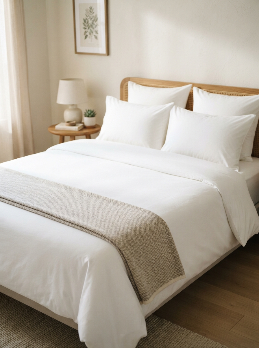 perfectly made bed with fluffed pillows and a smooth wrinkle free duvet