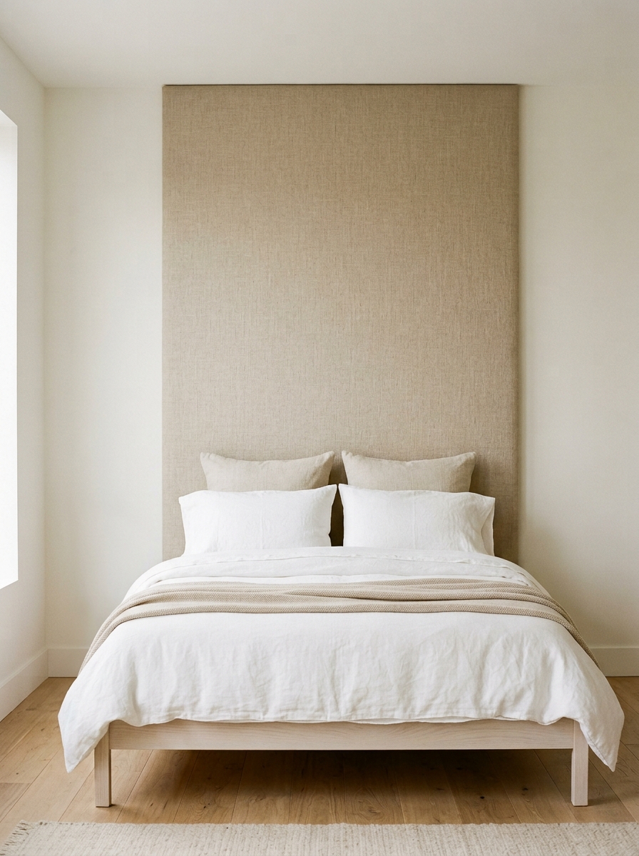 upholstered oatmeal linen panel headboard in a minimalist bedroom