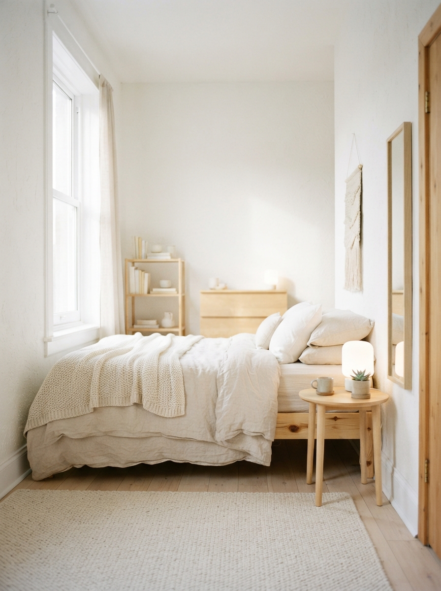 small bedroom in pale chalk white, oat and blond wood tones to feel larger