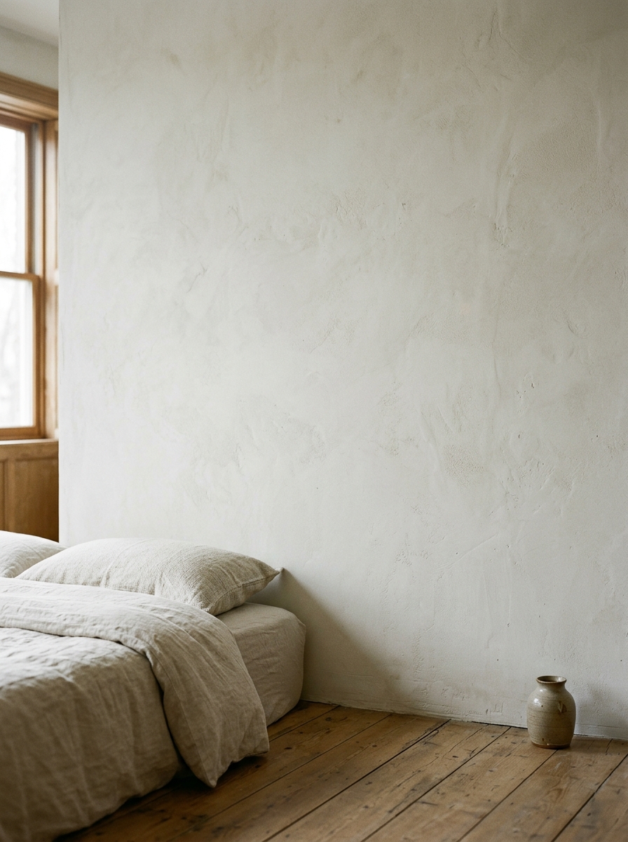 minimalist bedroom with an intentionally bare textured wall as negative space