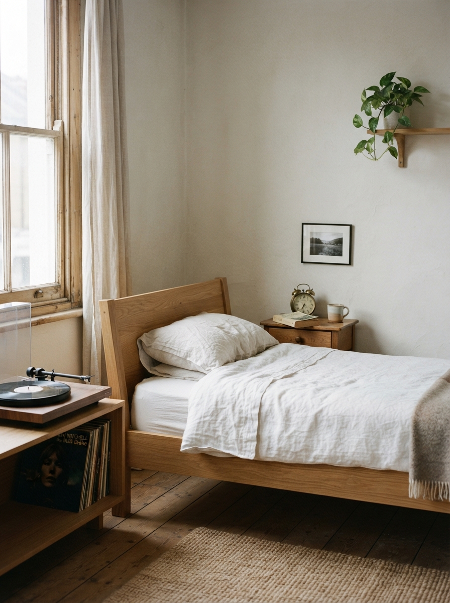 minimalist analog bedroom with wood bed frame, books and a record player