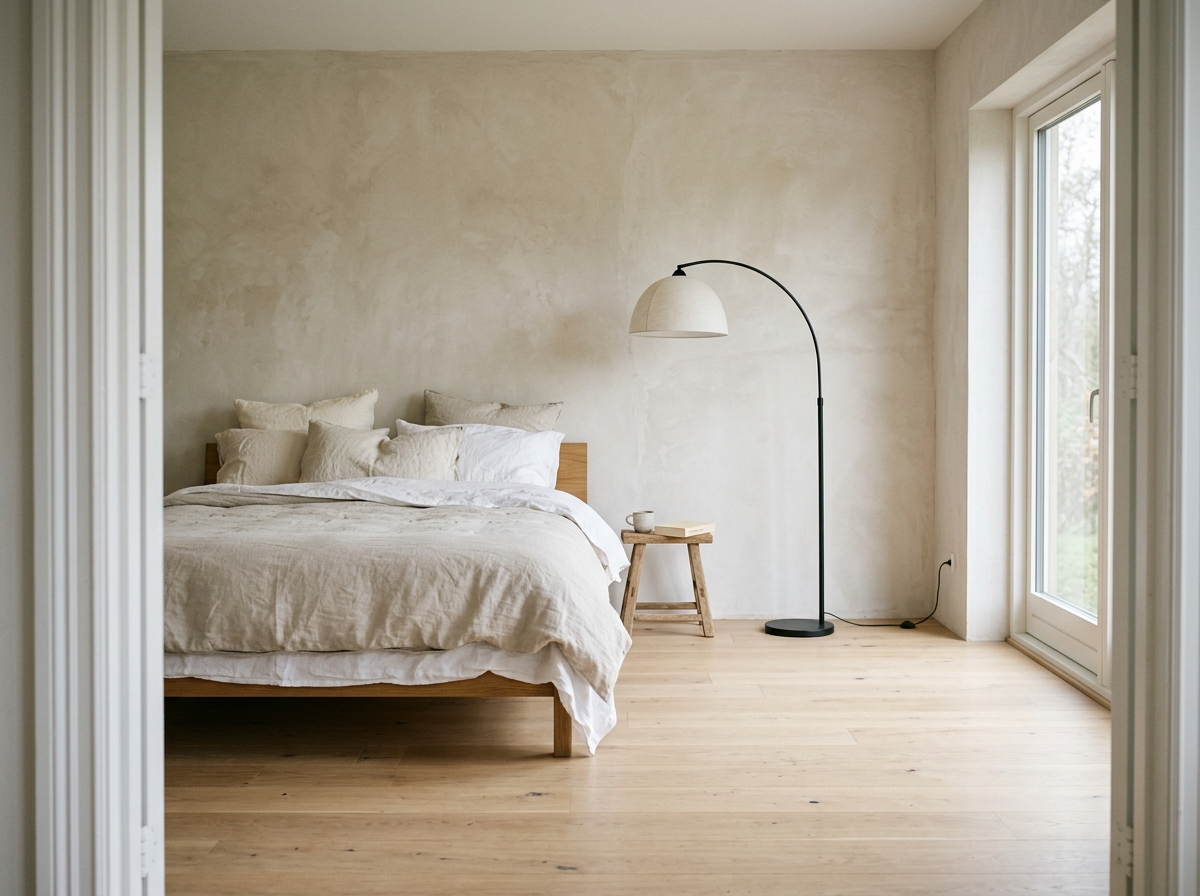 soft minimalist bedroom in white and oatmeal tones with bare walls and natural light