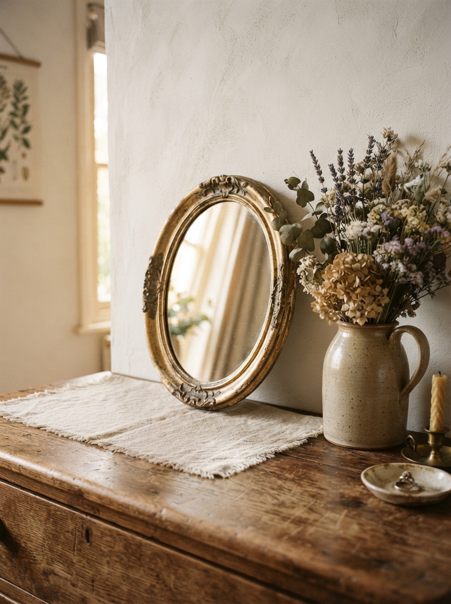 Round mirror leaning on a wooden dresser styled as an entryway vignette